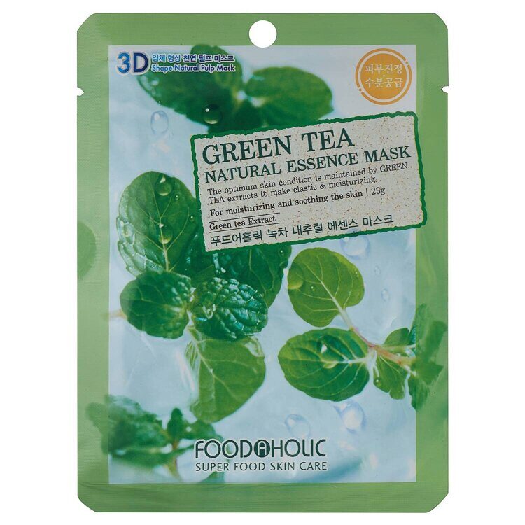Успокаивающая тканевая 3D маска с экстрактом зеленого чая Green Tea Natural Essence Mask, FOODAHOLIC 23 мл